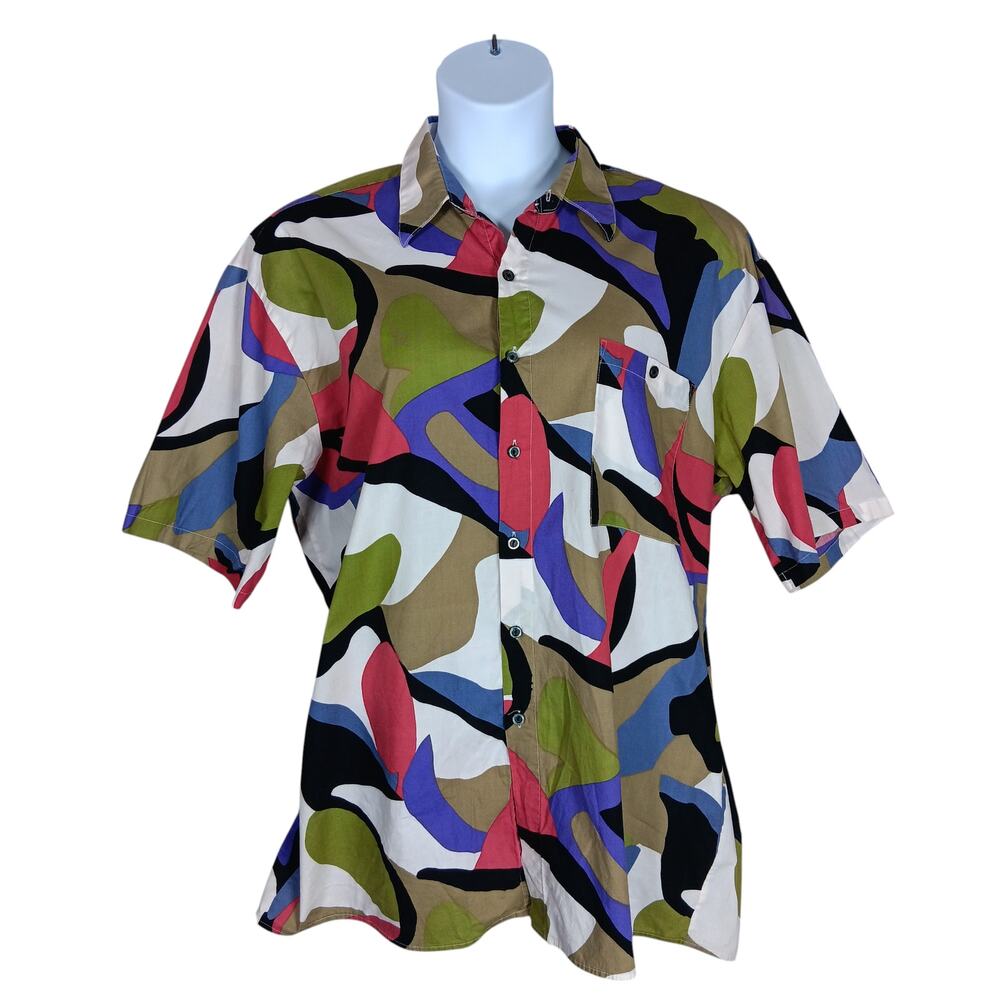 Vintage Expressions World Wide Button Down Shirt Size 1X Colorful Short Sleeve